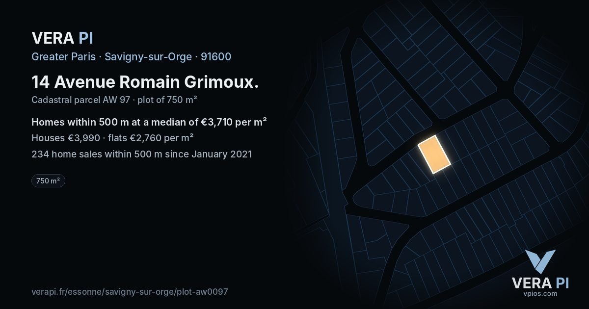 14 Avenue Romain Grimoux, Savigny-sur-Orge at night – the plot lit, the parcels around coloured by the prices near them