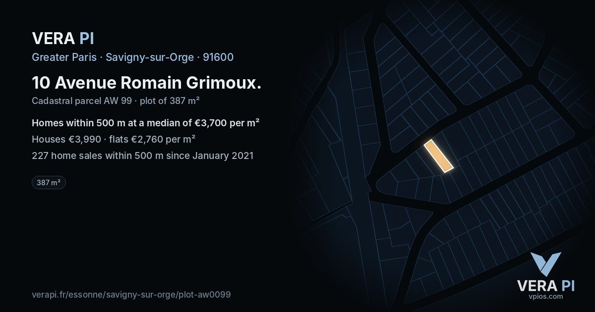 10 Avenue Romain Grimoux, Savigny-sur-Orge at night – the plot lit, the parcels around coloured by the prices near them