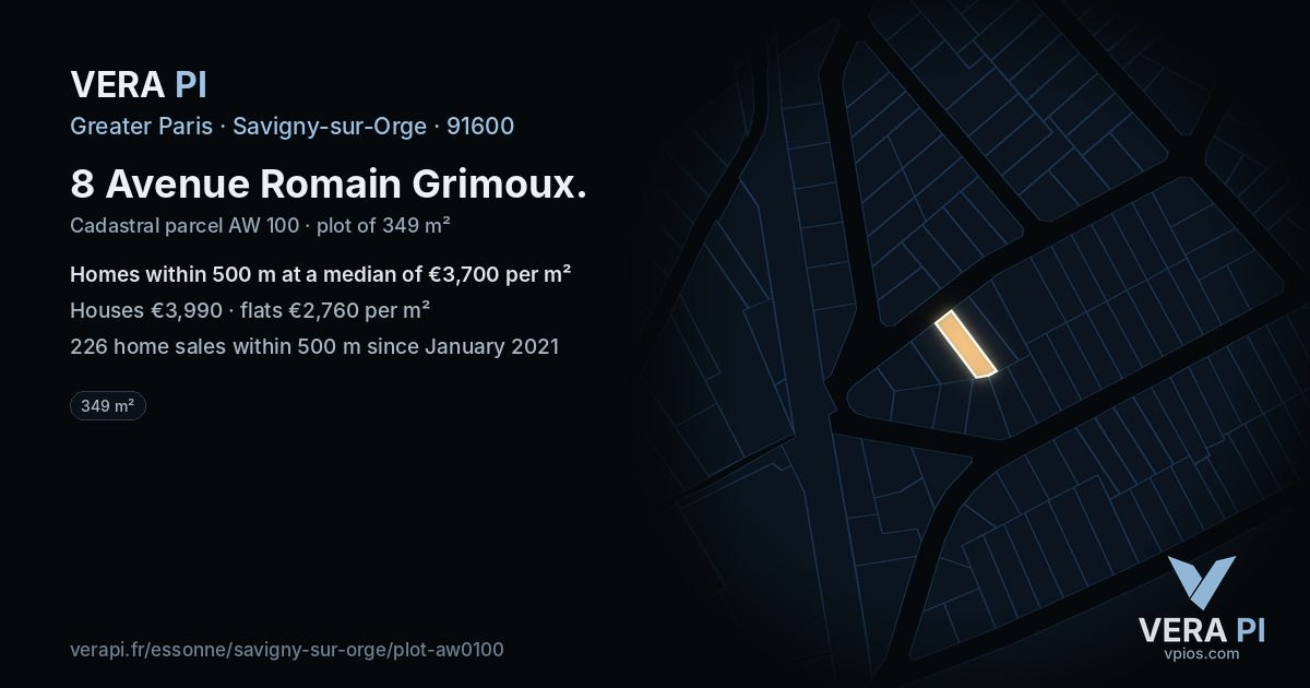 8 Avenue Romain Grimoux, Savigny-sur-Orge at night – the plot lit, the parcels around coloured by the prices near them