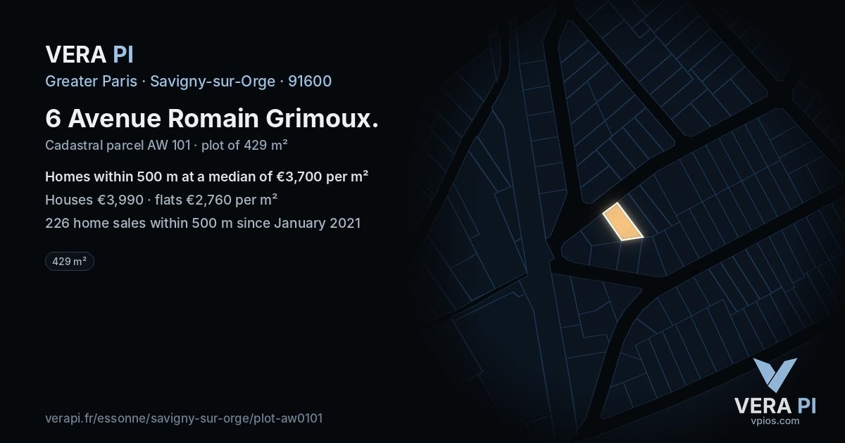 6 Avenue Romain Grimoux, Savigny-sur-Orge at night – the plot lit, the parcels around coloured by the prices near them