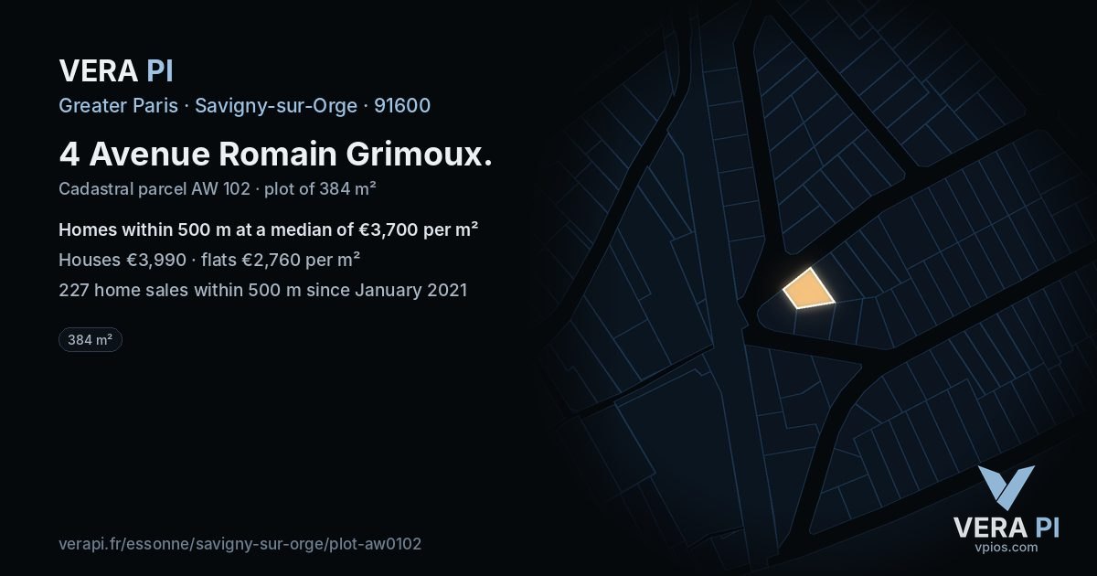 4 Avenue Romain Grimoux, Savigny-sur-Orge at night – the plot lit, the parcels around coloured by the prices near them