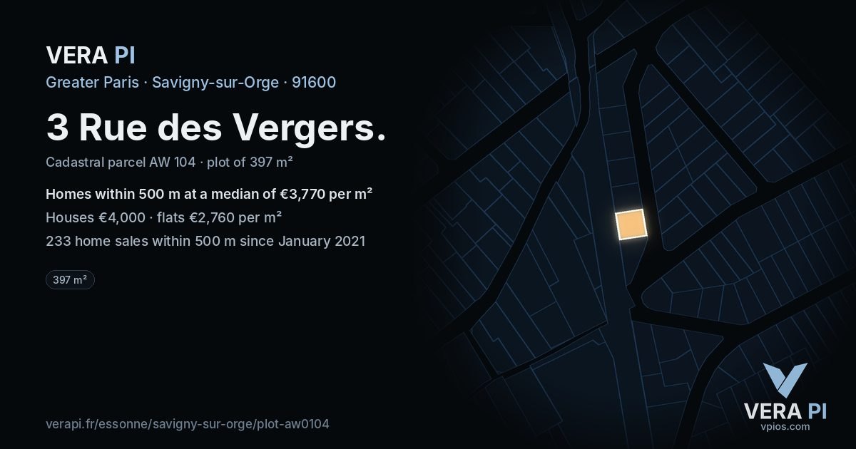 3 Rue des Vergers, Savigny-sur-Orge at night – the plot lit, the parcels around coloured by the prices near them
