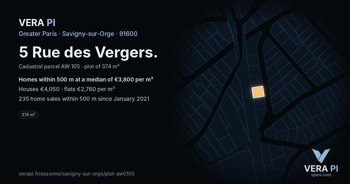 5 Rue des Vergers, Savigny-sur-Orge at night – the plot lit, the parcels around coloured by the prices near them