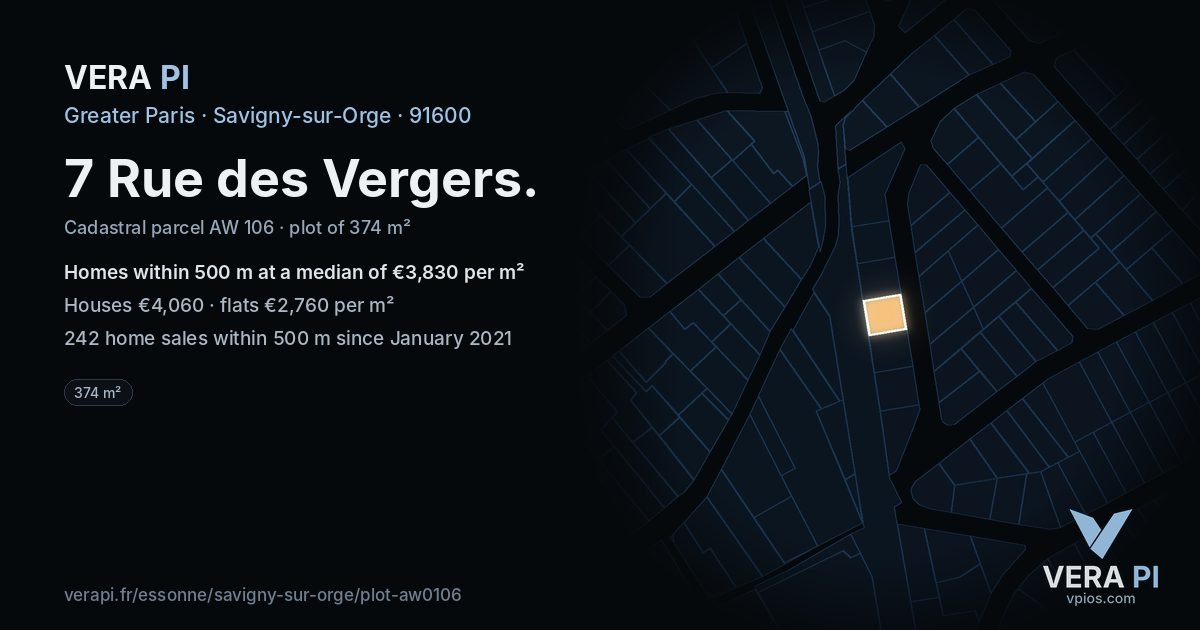 7 Rue des Vergers, Savigny-sur-Orge at night – the plot lit, the parcels around coloured by the prices near them