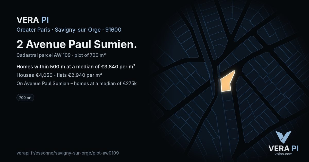 2 Avenue Paul Sumien, Savigny-sur-Orge at night – the plot lit, the parcels around coloured by the prices near them