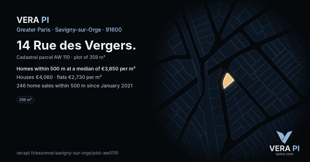 14 Rue des Vergers, Savigny-sur-Orge at night – the plot lit, the parcels around coloured by the prices near them