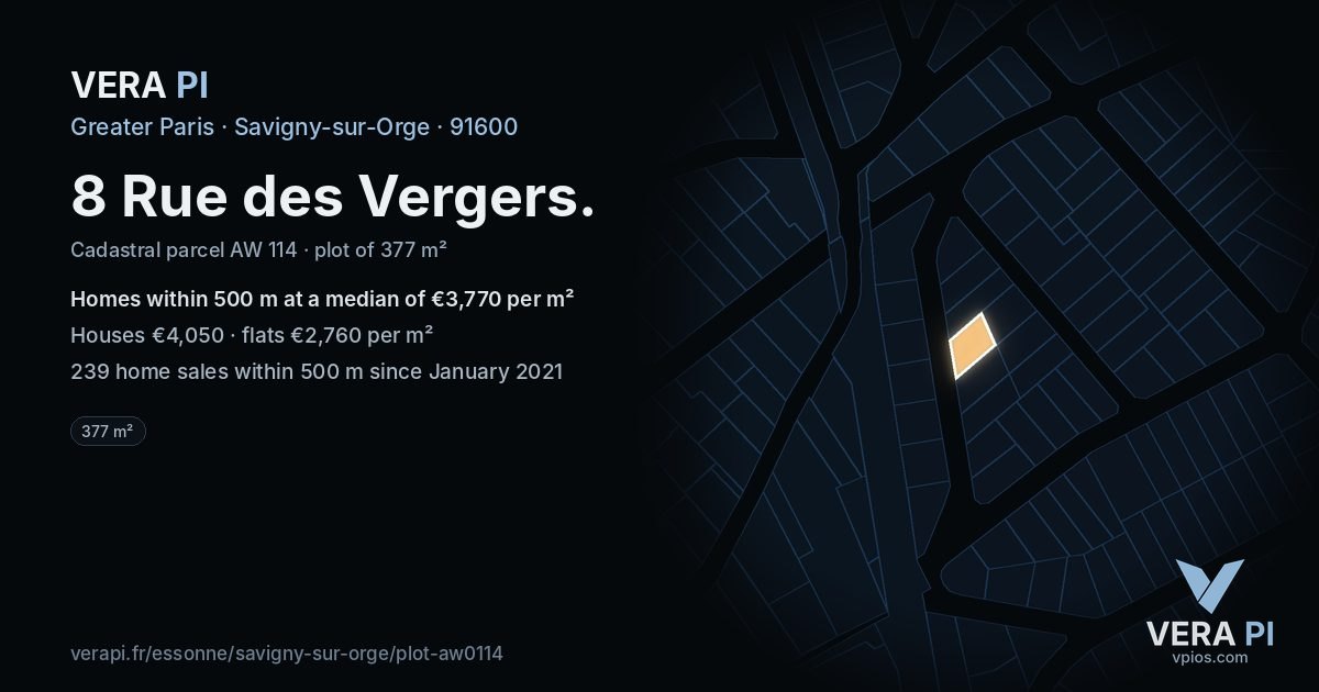 8 Rue des Vergers, Savigny-sur-Orge at night – the plot lit, the parcels around coloured by the prices near them