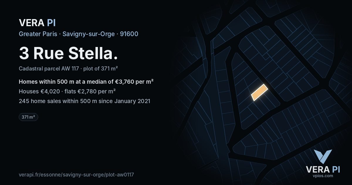 3 Rue Stella, Savigny-sur-Orge at night – the plot lit, the parcels around coloured by the prices near them