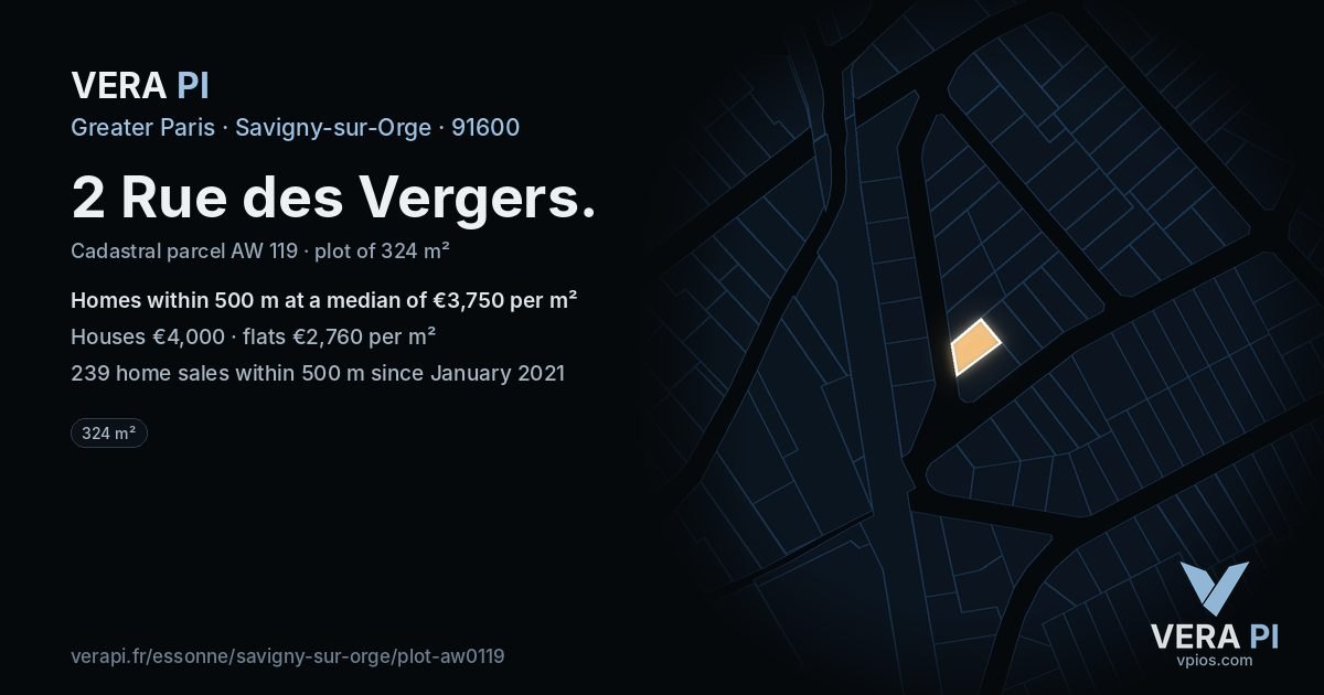 2 Rue des Vergers, Savigny-sur-Orge at night – the plot lit, the parcels around coloured by the prices near them