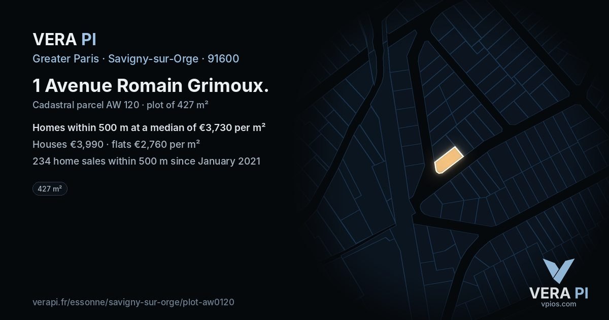 1 Avenue Romain Grimoux, Savigny-sur-Orge at night – the plot lit, the parcels around coloured by the prices near them
