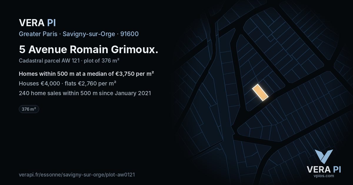 5 Avenue Romain Grimoux, Savigny-sur-Orge at night – the plot lit, the parcels around coloured by the prices near them
