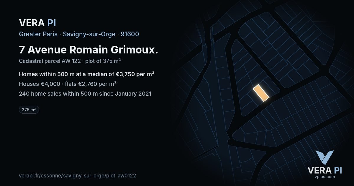 7 Avenue Romain Grimoux, Savigny-sur-Orge at night – the plot lit, the parcels around coloured by the prices near them