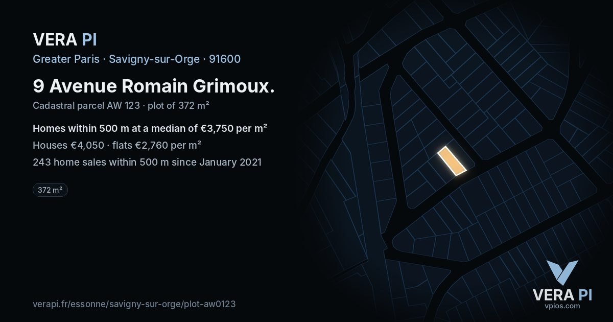 9 Avenue Romain Grimoux, Savigny-sur-Orge at night – the plot lit, the parcels around coloured by the prices near them