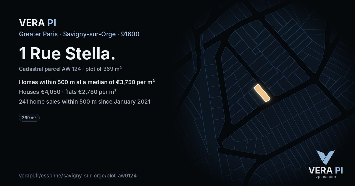 1 Rue Stella, Savigny-sur-Orge at night – the plot lit, the parcels around coloured by the prices near them