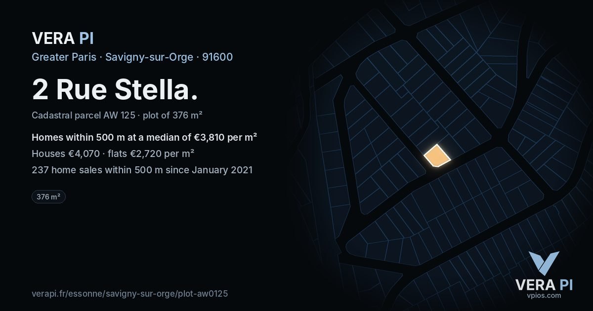 2 Rue Stella, Savigny-sur-Orge at night – the plot lit, the parcels around coloured by the prices near them