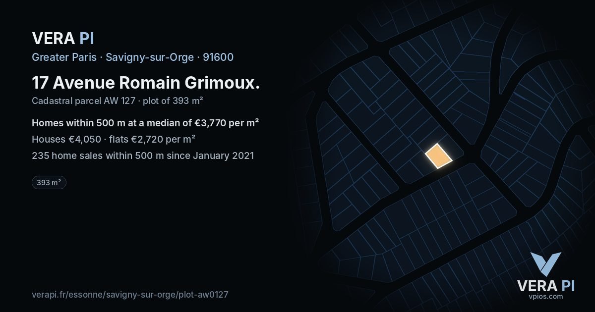 17 Avenue Romain Grimoux, Savigny-sur-Orge at night – the plot lit, the parcels around coloured by the prices near them