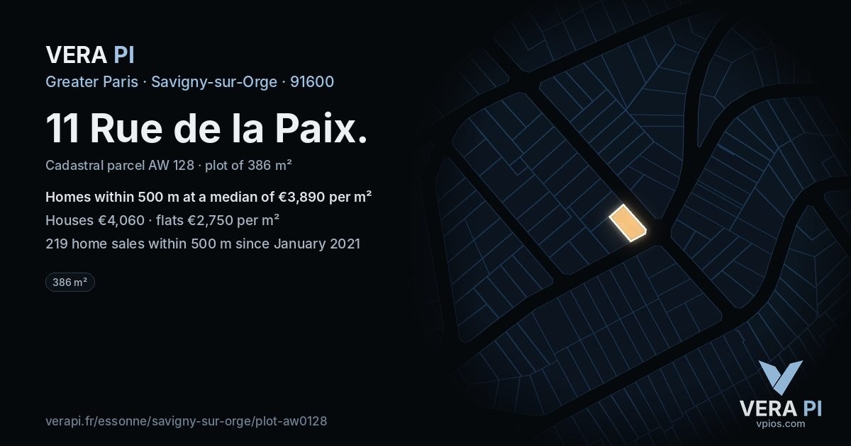 11 Rue de la Paix, Savigny-sur-Orge at night – the plot lit, the parcels around coloured by the prices near them