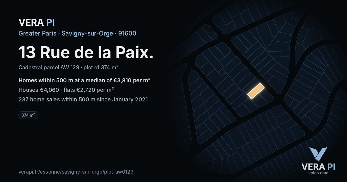 13 Rue de la Paix, Savigny-sur-Orge at night – the plot lit, the parcels around coloured by the prices near them