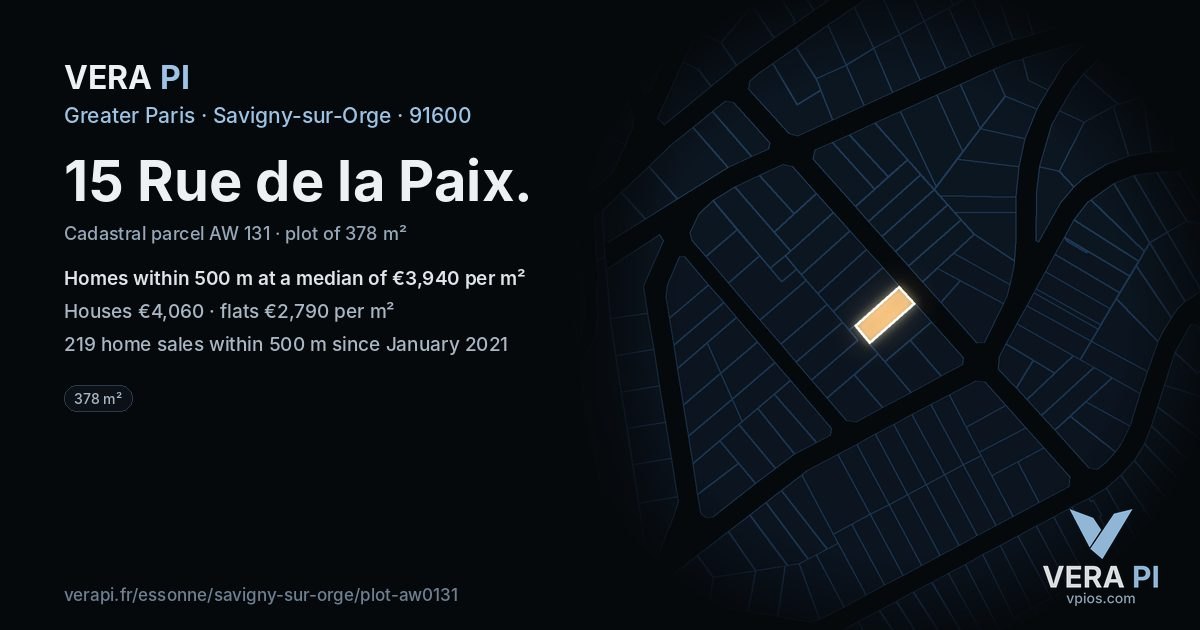 15 Rue de la Paix, Savigny-sur-Orge at night – the plot lit, the parcels around coloured by the prices near them