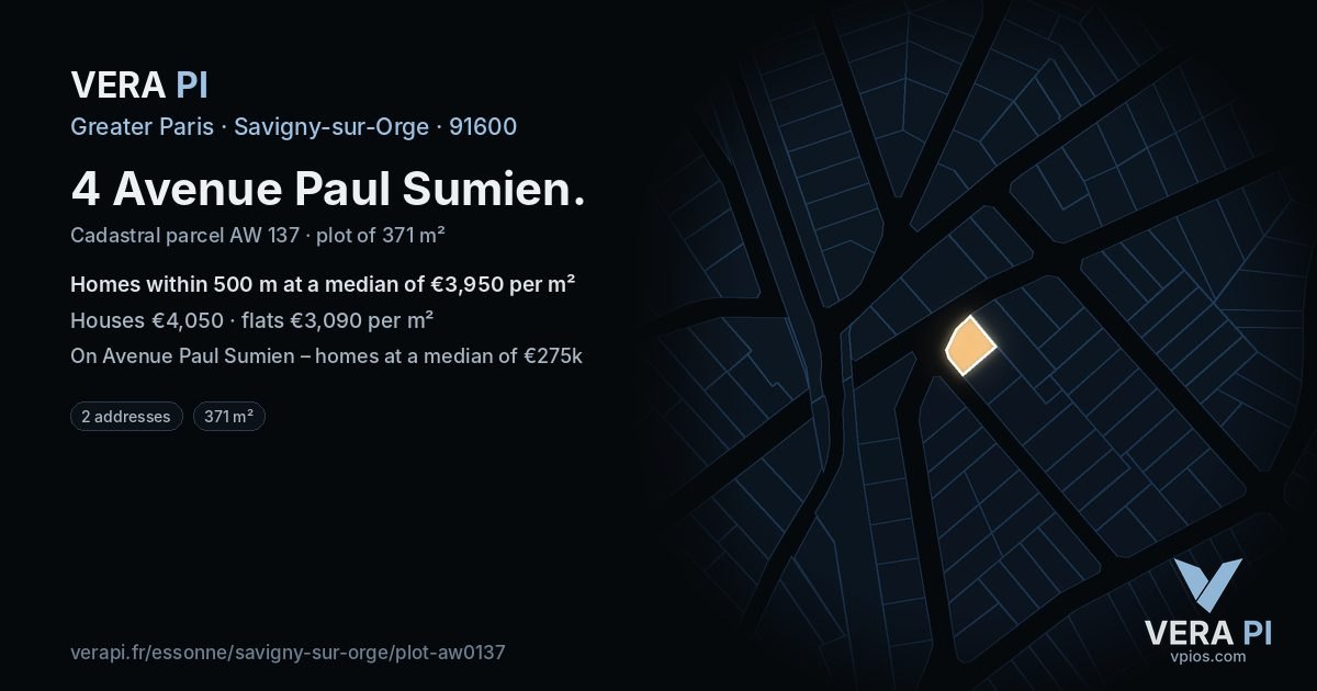 4 Avenue Paul Sumien, Savigny-sur-Orge at night – the plot lit, the parcels around coloured by the prices near them