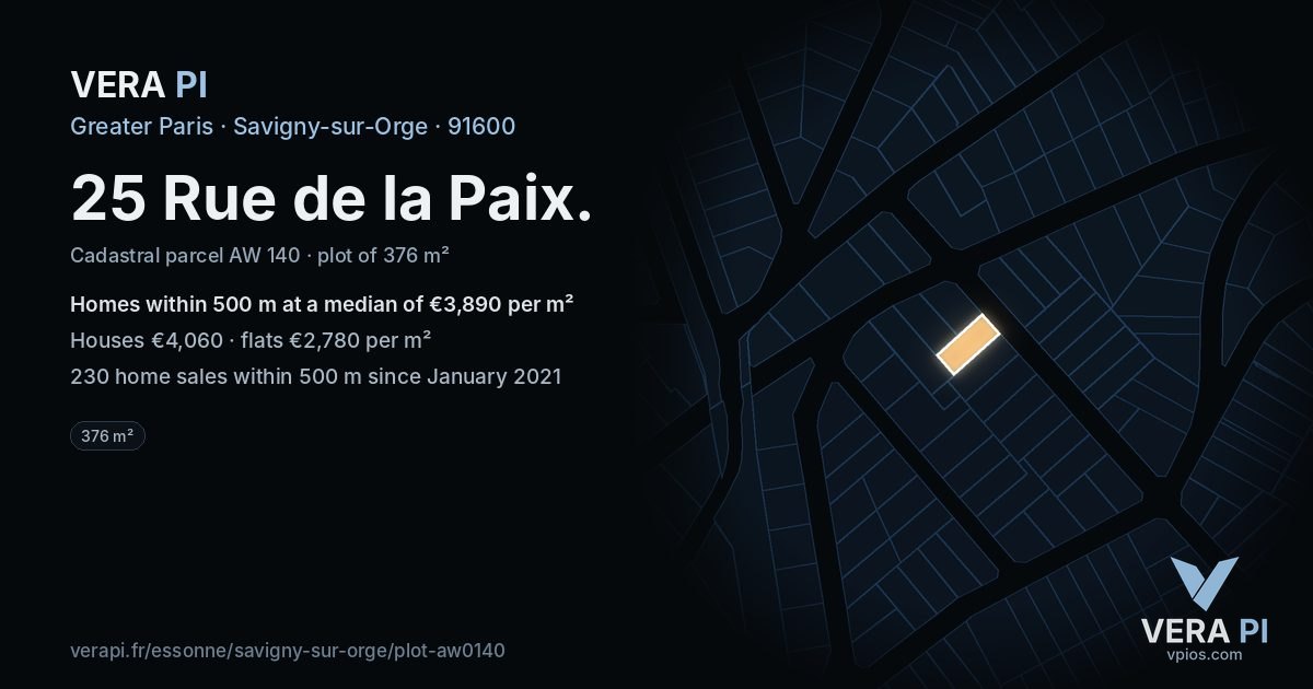 25 Rue de la Paix, Savigny-sur-Orge at night – the plot lit, the parcels around coloured by the prices near them