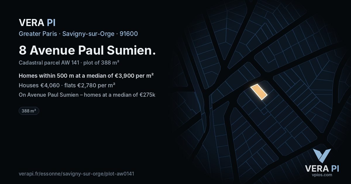 8 Avenue Paul Sumien, Savigny-sur-Orge at night – the plot lit, the parcels around coloured by the prices near them
