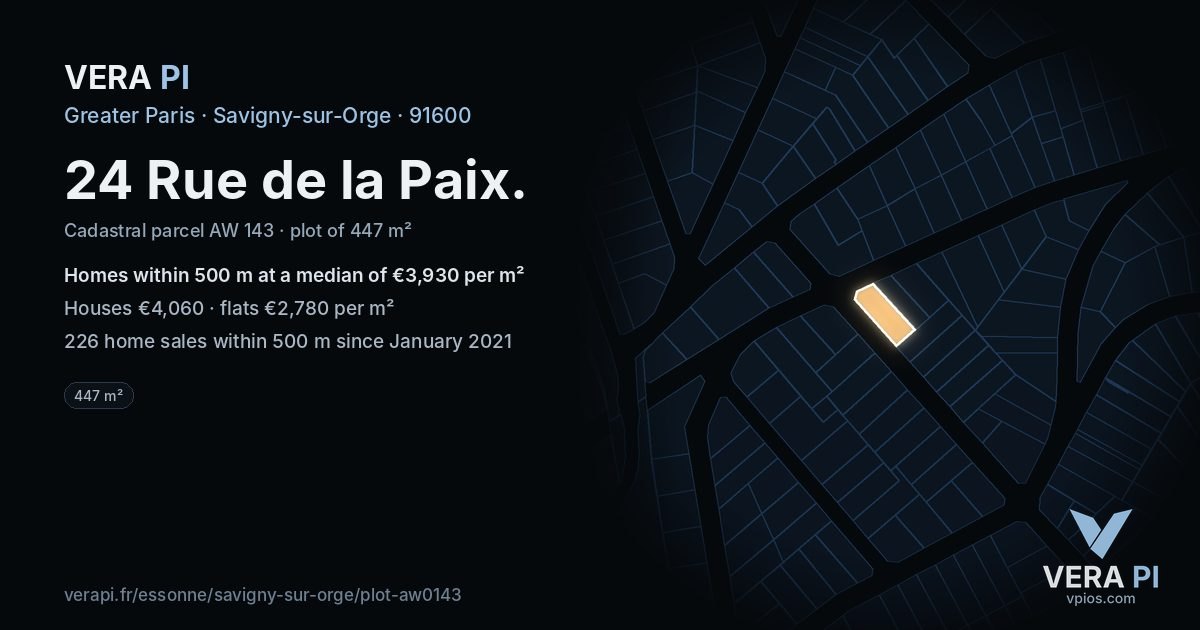 24 Rue de la Paix, Savigny-sur-Orge at night – the plot lit, the parcels around coloured by the prices near them