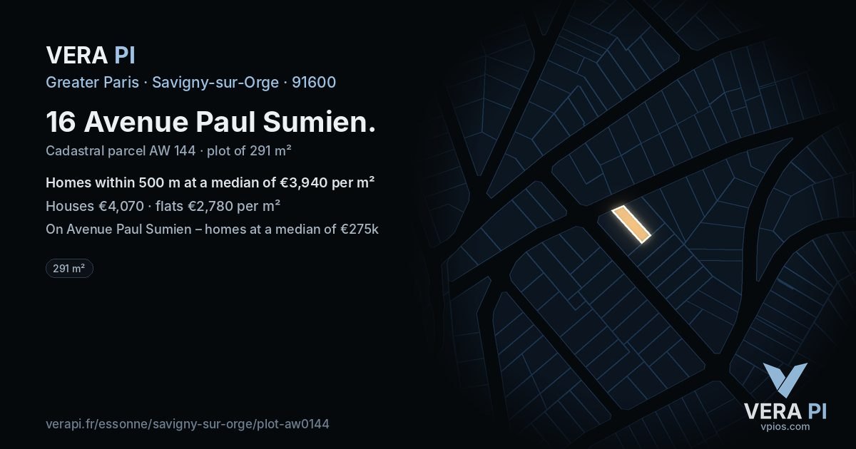 16 Avenue Paul Sumien, Savigny-sur-Orge at night – the plot lit, the parcels around coloured by the prices near them