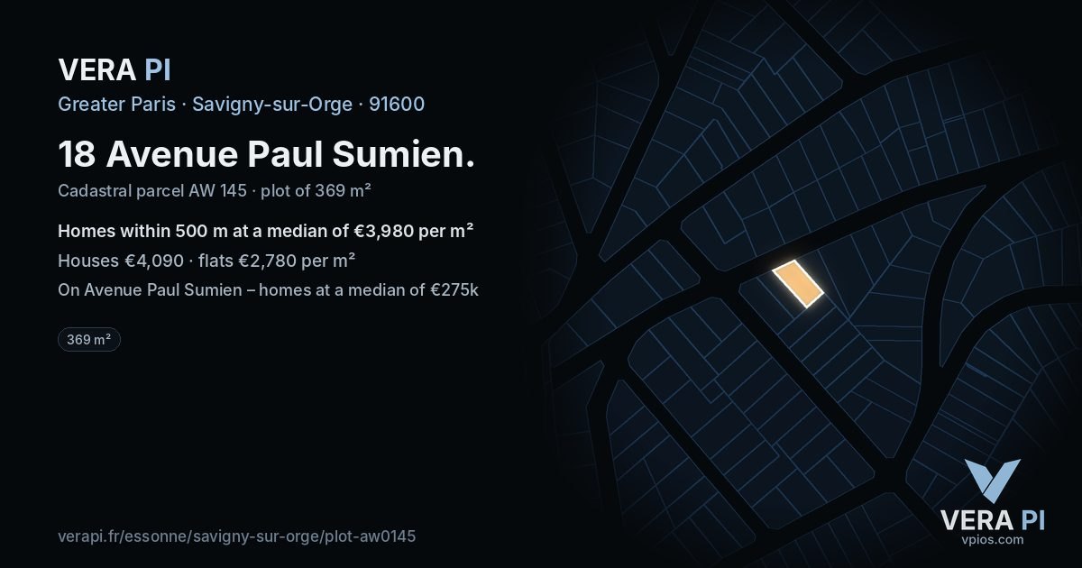 18 Avenue Paul Sumien, Savigny-sur-Orge at night – the plot lit, the parcels around coloured by the prices near them