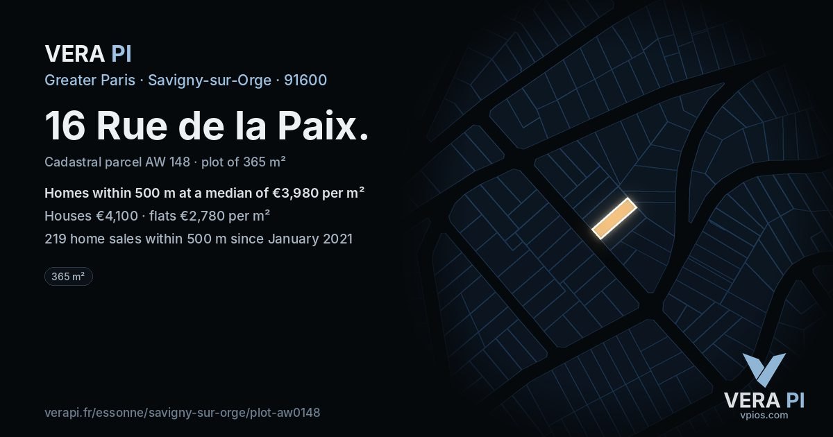 16 Rue de la Paix, Savigny-sur-Orge at night – the plot lit, the parcels around coloured by the prices near them
