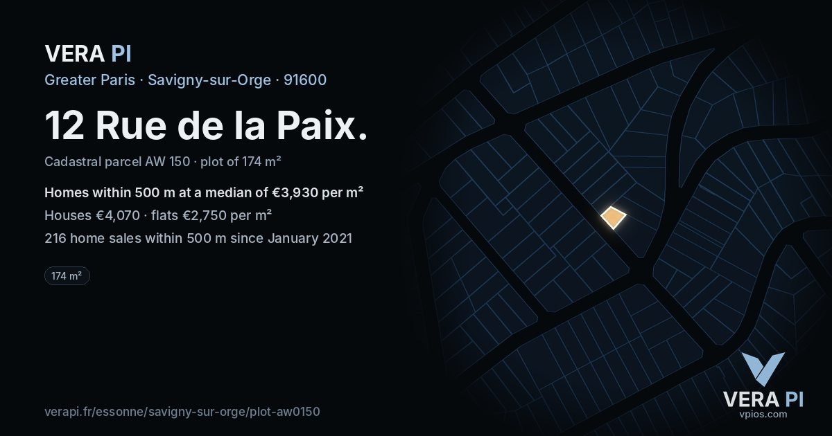 12 Rue de la Paix, Savigny-sur-Orge at night – the plot lit, the parcels around coloured by the prices near them
