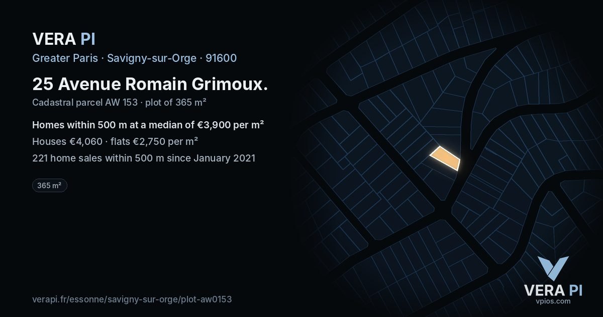 25 Avenue Romain Grimoux, Savigny-sur-Orge at night – the plot lit, the parcels around coloured by the prices near them