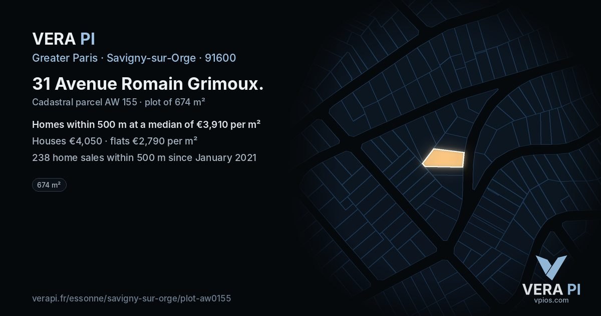 31 Avenue Romain Grimoux, Savigny-sur-Orge at night – the plot lit, the parcels around coloured by the prices near them