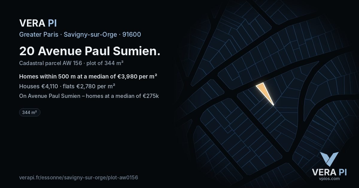 20 Avenue Paul Sumien, Savigny-sur-Orge at night – the plot lit, the parcels around coloured by the prices near them