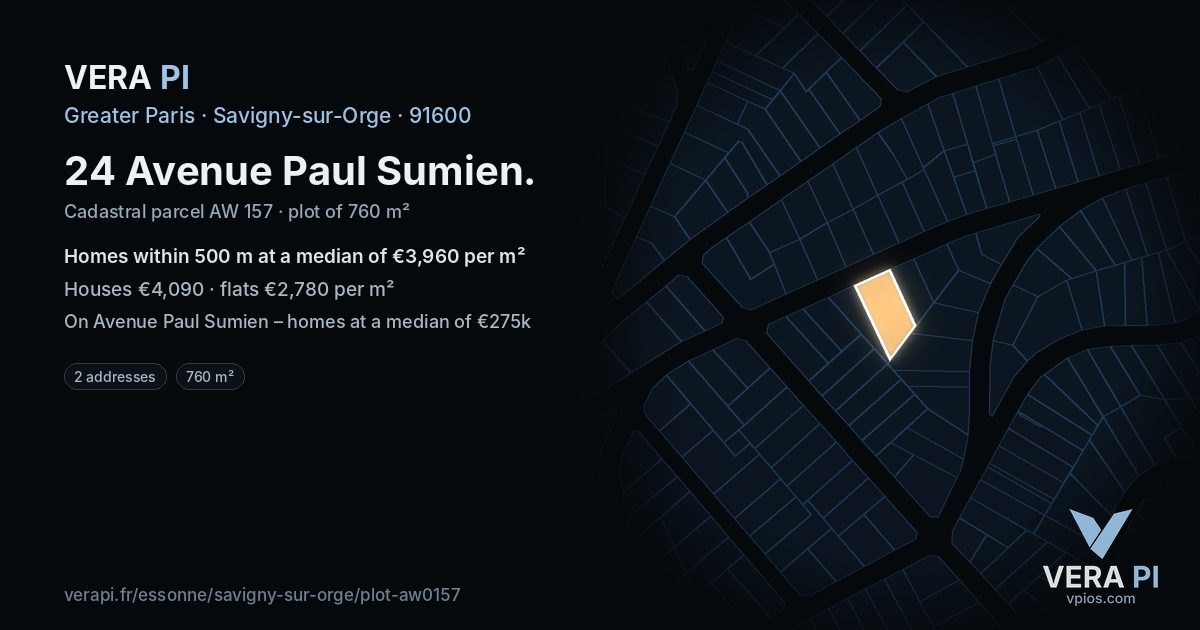 24 Avenue Paul Sumien, Savigny-sur-Orge at night – the plot lit, the parcels around coloured by the prices near them