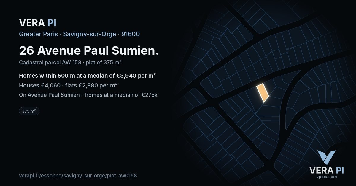 26 Avenue Paul Sumien, Savigny-sur-Orge at night – the plot lit, the parcels around coloured by the prices near them