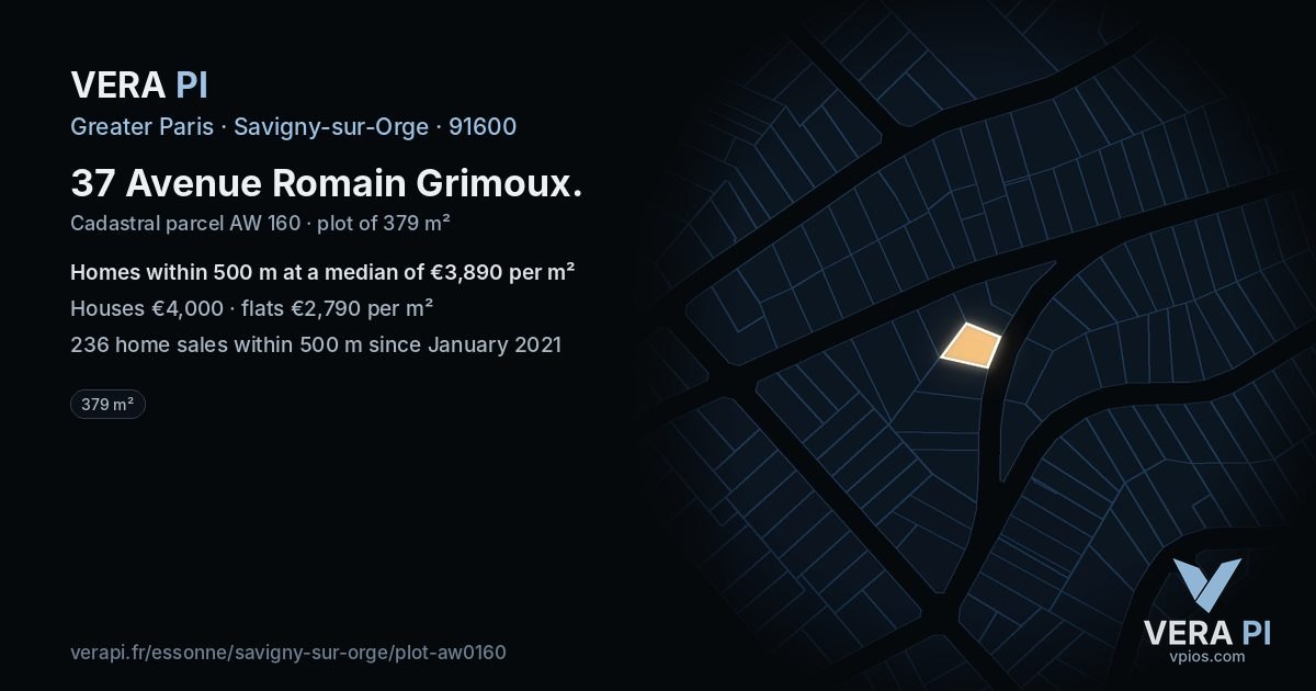 37 Avenue Romain Grimoux, Savigny-sur-Orge at night – the plot lit, the parcels around coloured by the prices near them