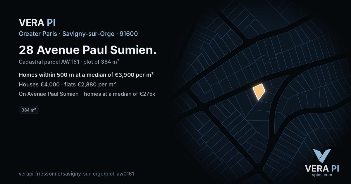 28 Avenue Paul Sumien, Savigny-sur-Orge at night – the plot lit, the parcels around coloured by the prices near them
