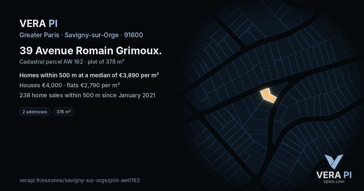 39 Avenue Romain Grimoux, Savigny-sur-Orge at night – the plot lit, the parcels around coloured by the prices near them