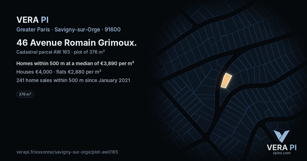 46 Avenue Romain Grimoux, Savigny-sur-Orge at night – the plot lit, the parcels around coloured by the prices near them