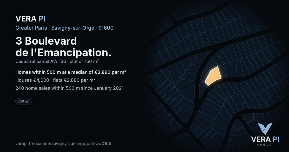 3 Boulevard de l'Emancipation, Savigny-sur-Orge at night – the plot lit, the parcels around coloured by the prices near them