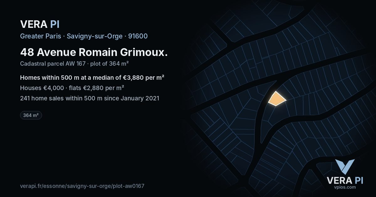 48 Avenue Romain Grimoux, Savigny-sur-Orge at night – the plot lit, the parcels around coloured by the prices near them