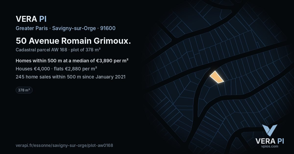 50 Avenue Romain Grimoux, Savigny-sur-Orge at night – the plot lit, the parcels around coloured by the prices near them
