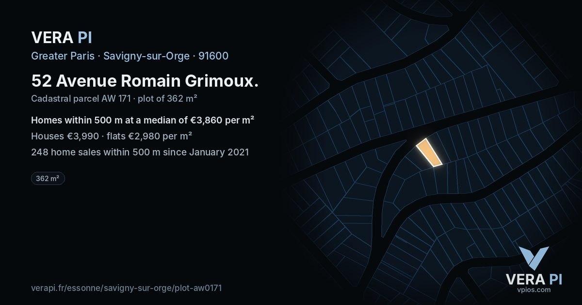 52 Avenue Romain Grimoux, Savigny-sur-Orge at night – the plot lit, the parcels around coloured by the prices near them