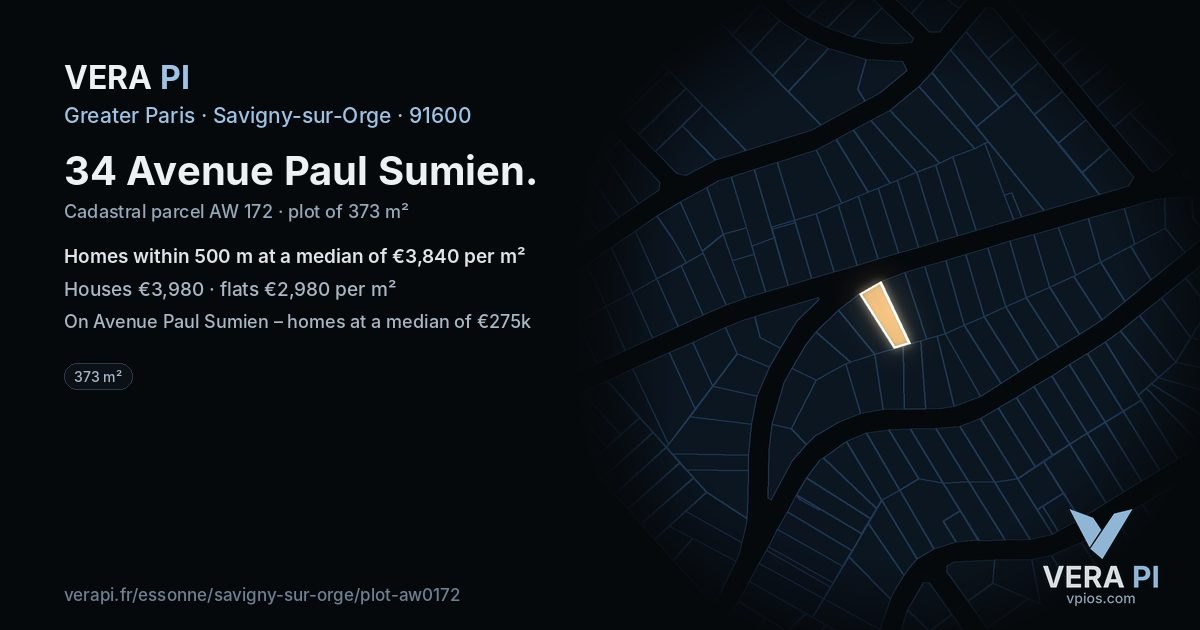 34 Avenue Paul Sumien, Savigny-sur-Orge at night – the plot lit, the parcels around coloured by the prices near them