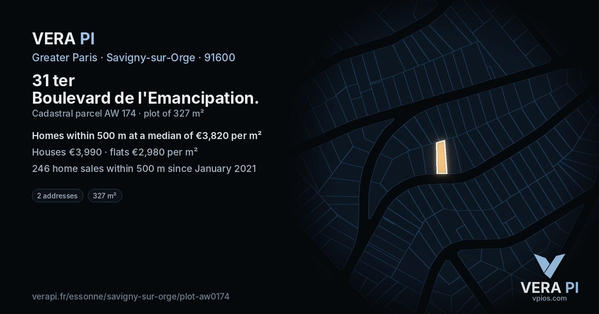 31 ter Boulevard de l'Emancipation, Savigny-sur-Orge at night – the plot lit, the parcels around coloured by the prices near them