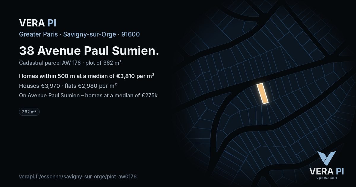 38 Avenue Paul Sumien, Savigny-sur-Orge at night – the plot lit, the parcels around coloured by the prices near them