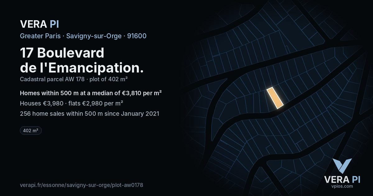 17 Boulevard de l'Emancipation, Savigny-sur-Orge at night – the plot lit, the parcels around coloured by the prices near them