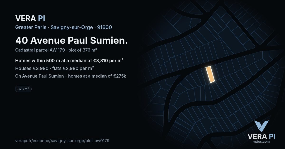 40 Avenue Paul Sumien, Savigny-sur-Orge at night – the plot lit, the parcels around coloured by the prices near them