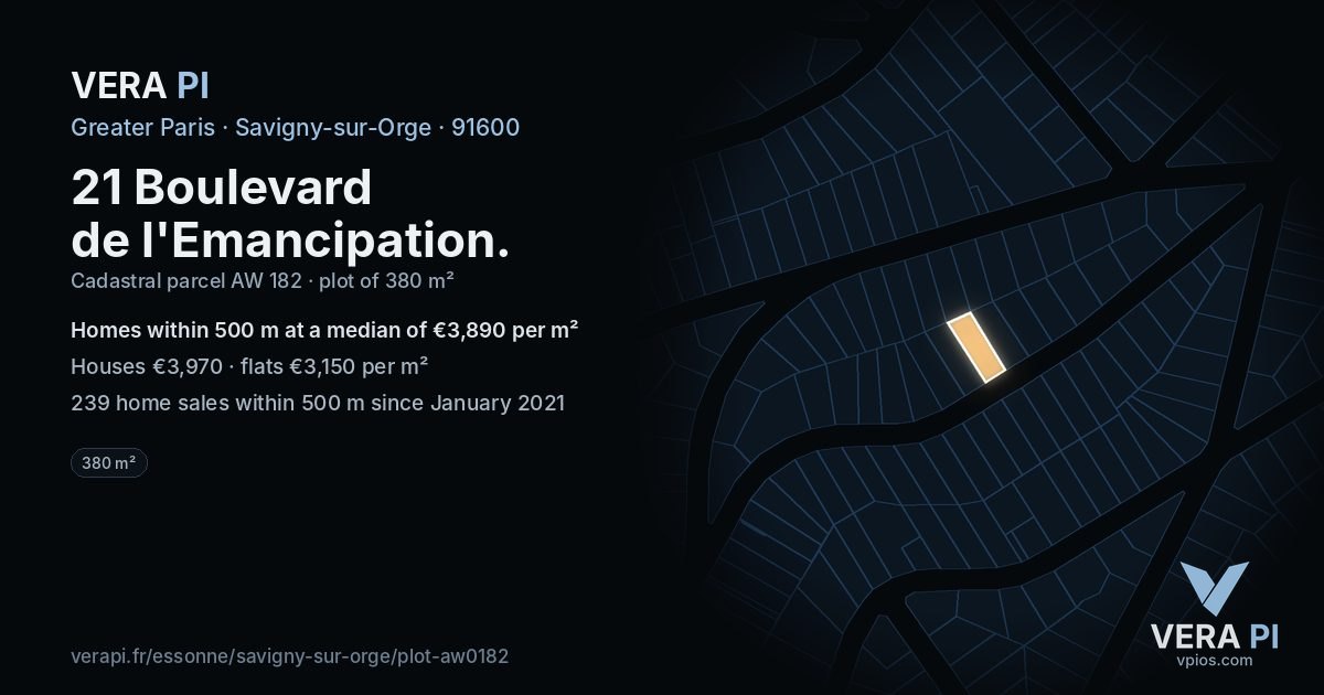 21 Boulevard de l'Emancipation, Savigny-sur-Orge at night – the plot lit, the parcels around coloured by the prices near them